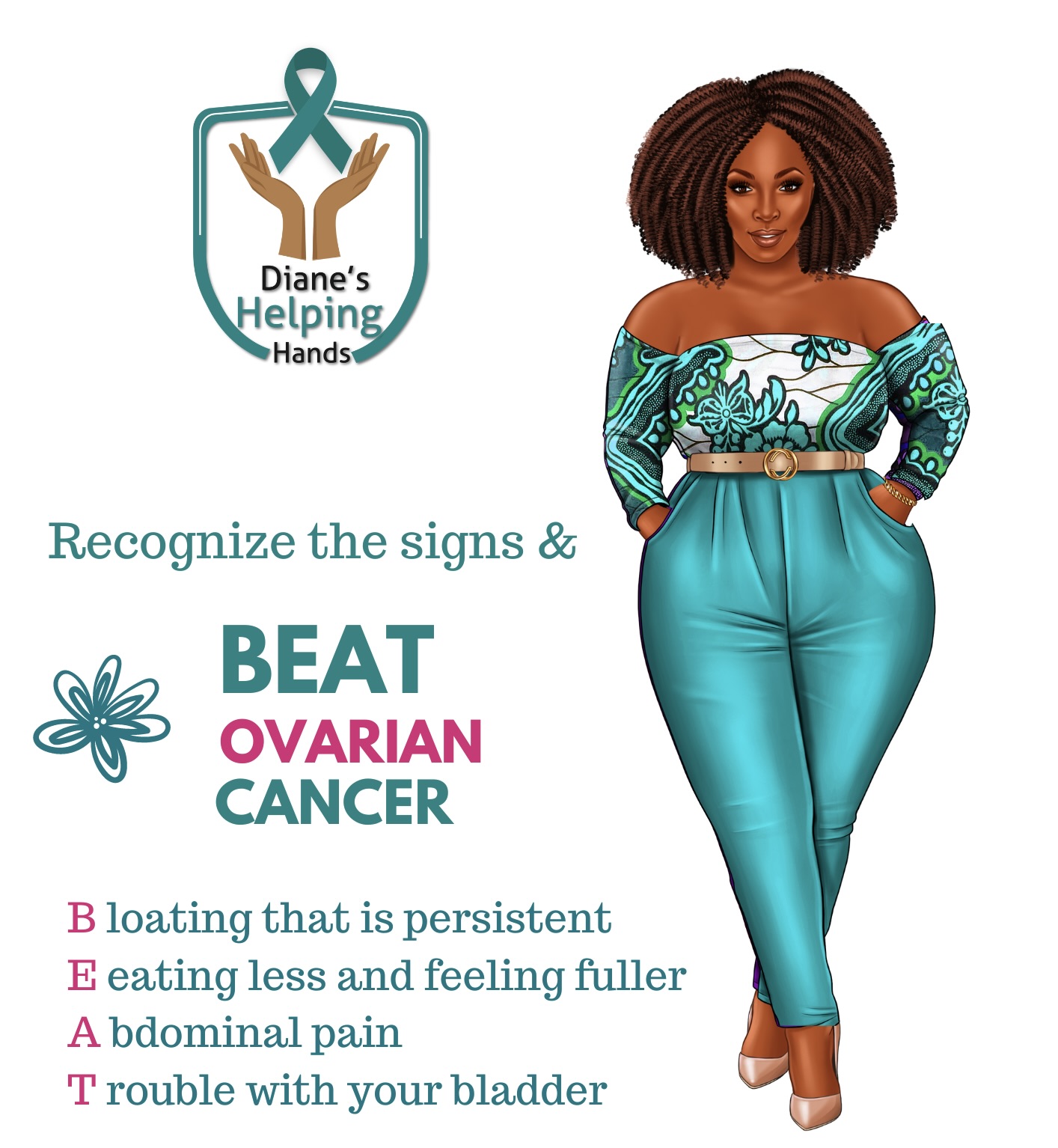 Beat ovarian cancer signs include Bloating that is persistent, eating less and feeling fuller, abdominal pain, trouble with your bladder