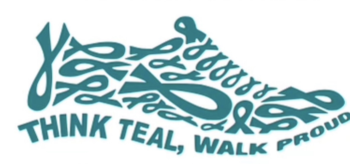 abstract graphical image of a shoe made up of teal awareness ribbons with the caption "think teal, walk proud"
